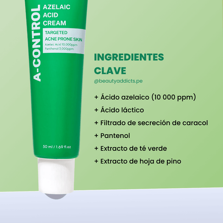 Crema A-Control Azelaic Acid Cream con ácido azelaico y ácido láctico que exfolian e hidratan suavemente.