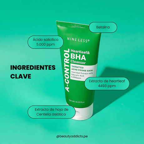 A-Control Heartleaf BHA Cleanser con extractos botánicos que calman y suavizan la piel irritada.