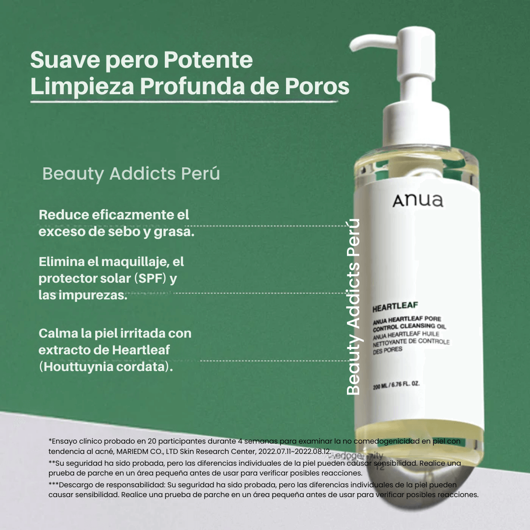 Aceite limpiador de Anua con extracto de heartleaf, ideal para pieles grasas o con tendencia a imperfecciones.