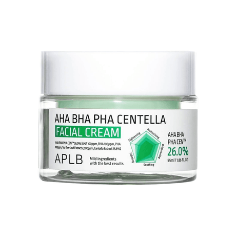 Crema facial APLB con AHA, BHA, PHA y centella asiática que ayuda a exfoliar suavemente, mejorar la textura y calmar la piel sensible.