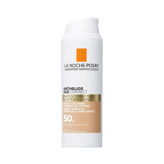 Anthelios Age Correct con Color 50 SPF La Roche-Posay previene signos de envejecimiento solar.