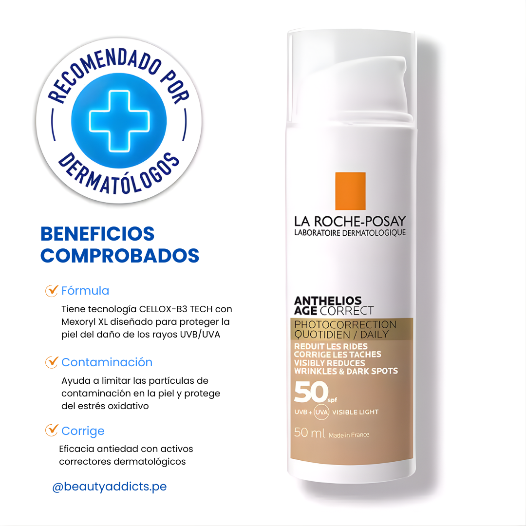 Anthelios Age Correct con Color 50 SPF La Roche-Posay combate los radicales libres con antioxidantes.