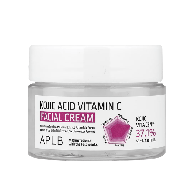 Crema facial APLB con ácido kójico y vitamina C que ayuda a mejorar manchas oscuras, iluminar la piel y unificar el tono del rostro.