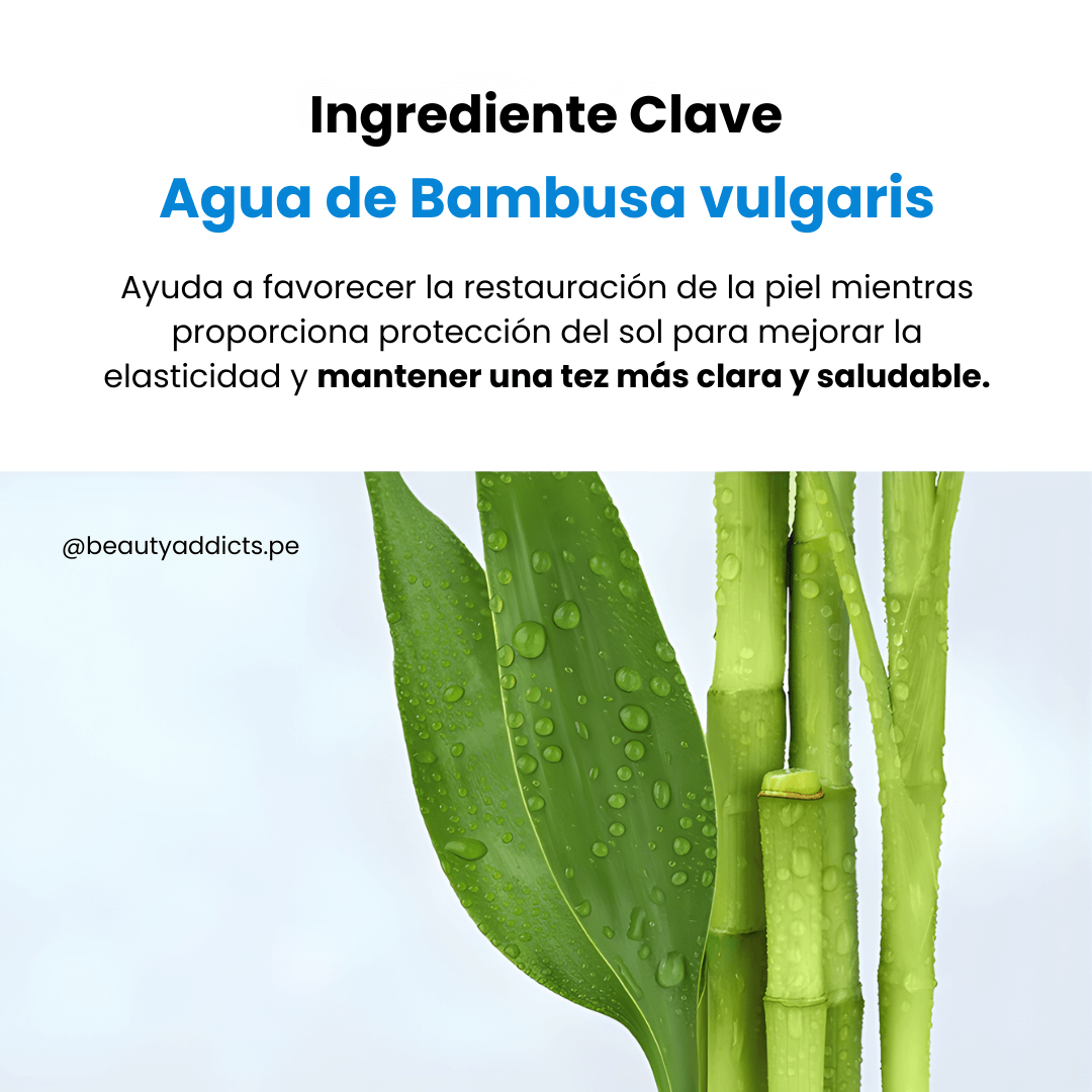 Aqua Glowing Sunscreen Dr. Althea con agua de bambusa vulgaris para fortalecer la hidratación, elasticidad y unificar el tono.