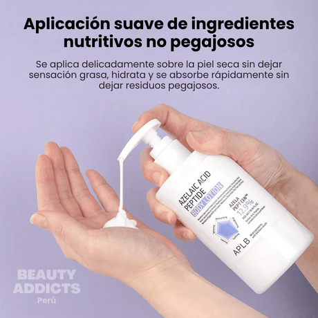 Loción corporal con péptidos reafirmantes y ácido azelaico que ayuda a mejorar la elasticidad y suavidad de la piel.