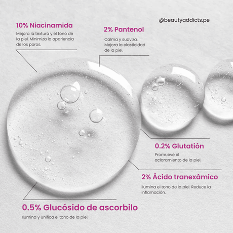 B-Boost 10% Niacinamide Serum con niacinamida, glutatión y ascorbil para mejorar poros y tono.