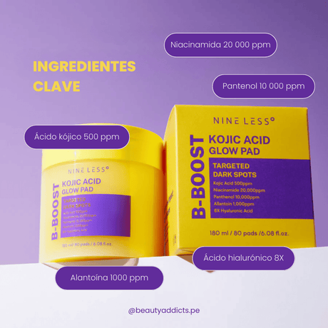 B-Boost Kojic Acid Glow Pad con ácido kójico y niacinamida para aclarar y suavizar el rostro.