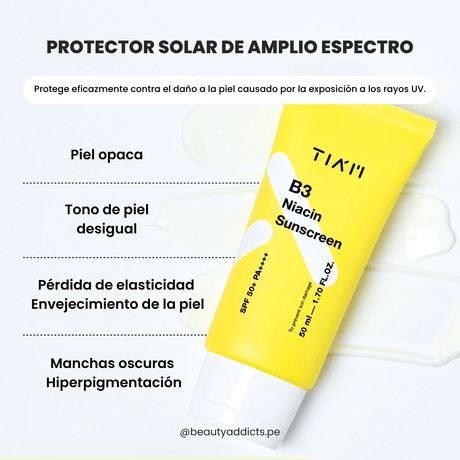 Protector solar TIA'M con niacinamida que ayuda a prevenir manchas y refuerza la barrera cutánea.