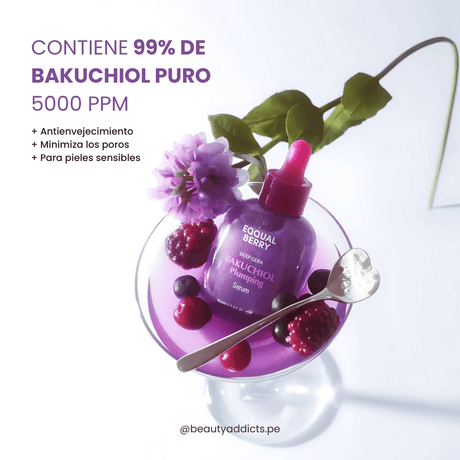 Eqqualberry Bakuchiol Plumping Serum con 5 000 ppm de bakuchiol para piel más firme sin irritación.