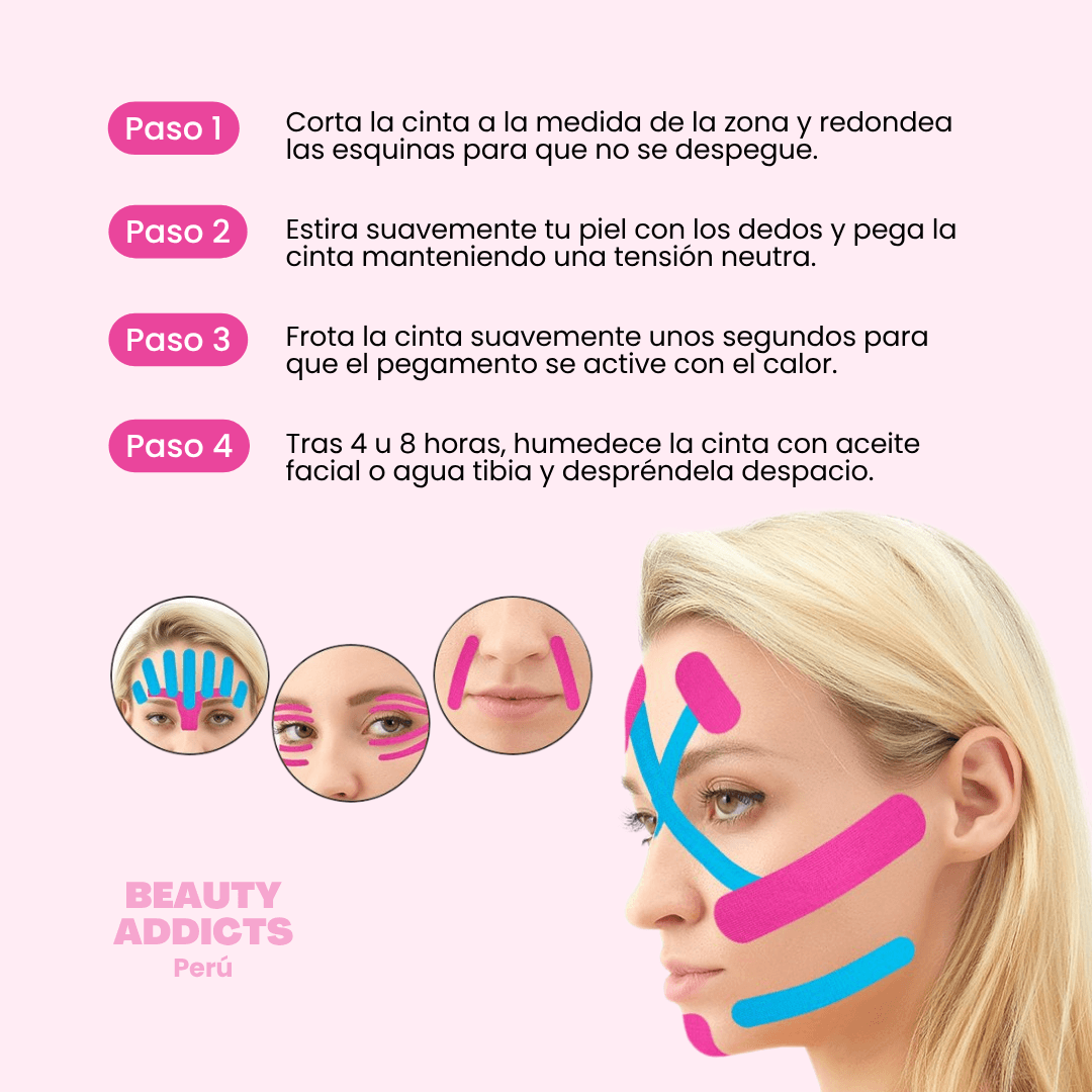 Cinta adhesiva facial para crear un efecto lifting instantáneo y ayudar a estilizar visualmente la línea de la mandíbula y el rostro.