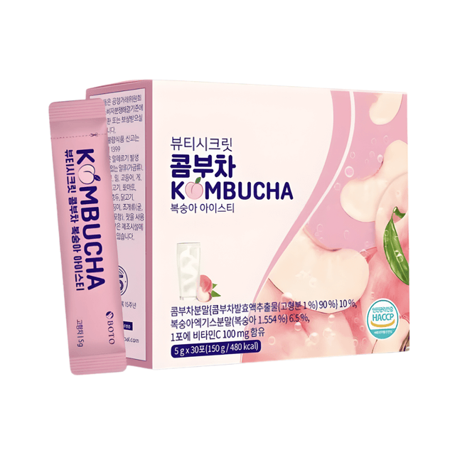 Beauty Secret Kombucha Peach Ice Tea Boto aporta energía ligera y sensación revitalizante.