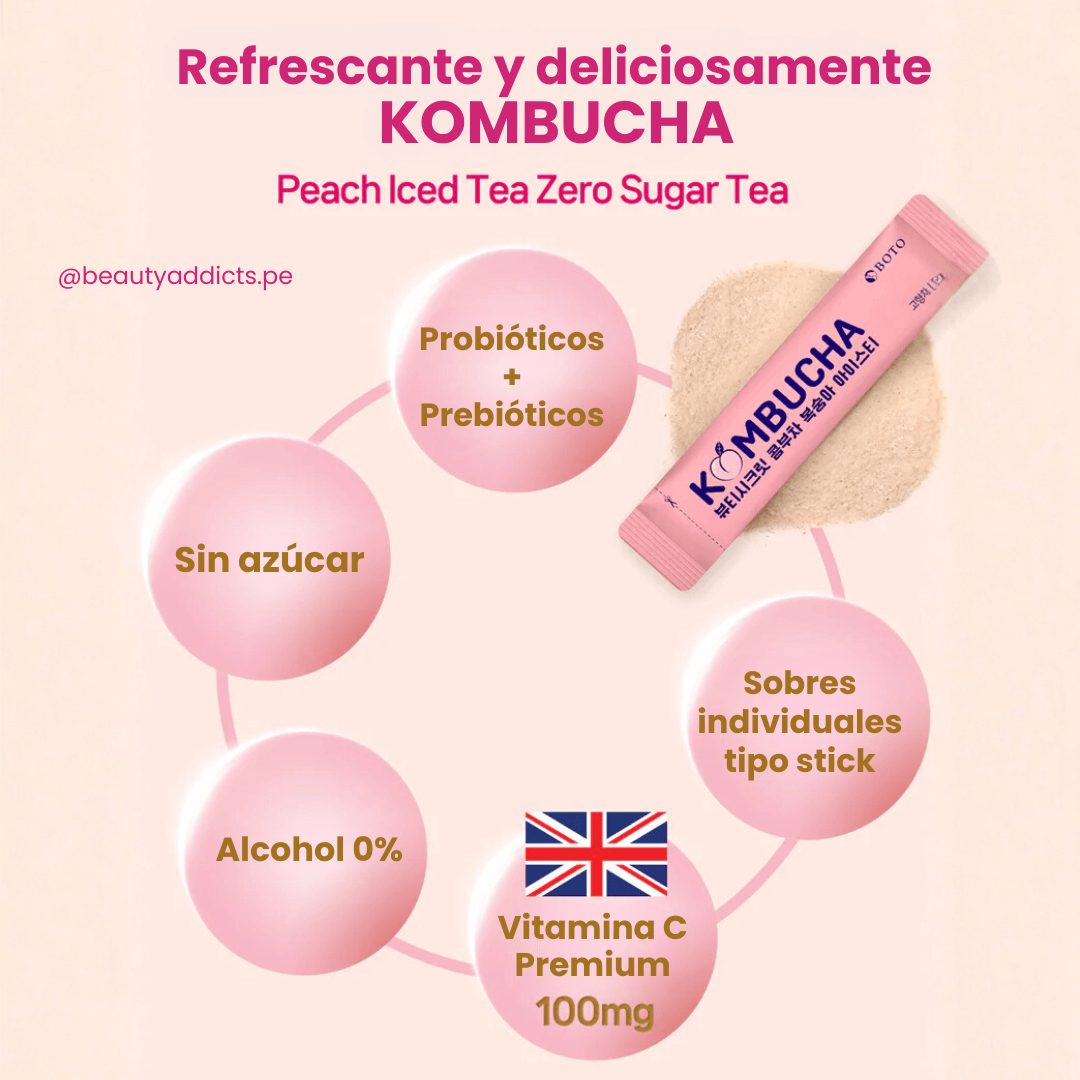 Beauty Secret Kombucha Peach Ice Tea Boto promueve digestión saludable y bienestar general diario.