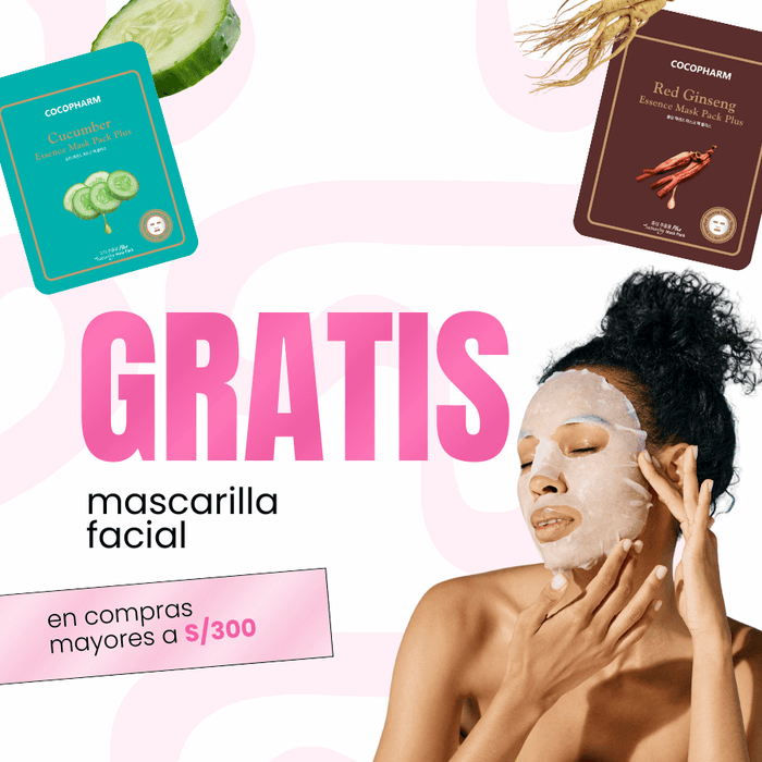 Mascarilla facial coreana gratis en todos tus pedidos mayores a s/.300 de skincare en Beauty Addicts Perú. 