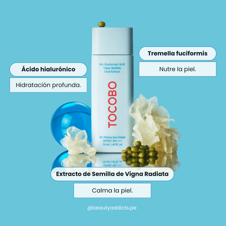 Tocobo Bio Watery Sun Cream con ácido hialurónico, tremella y vigna radiata para hidratar, calmar y nutrir la piel.