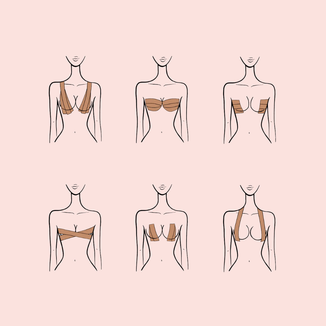 Diferentes formas de utilizar el Boob Tape según tu tipo de escote para el ajuste ideal.