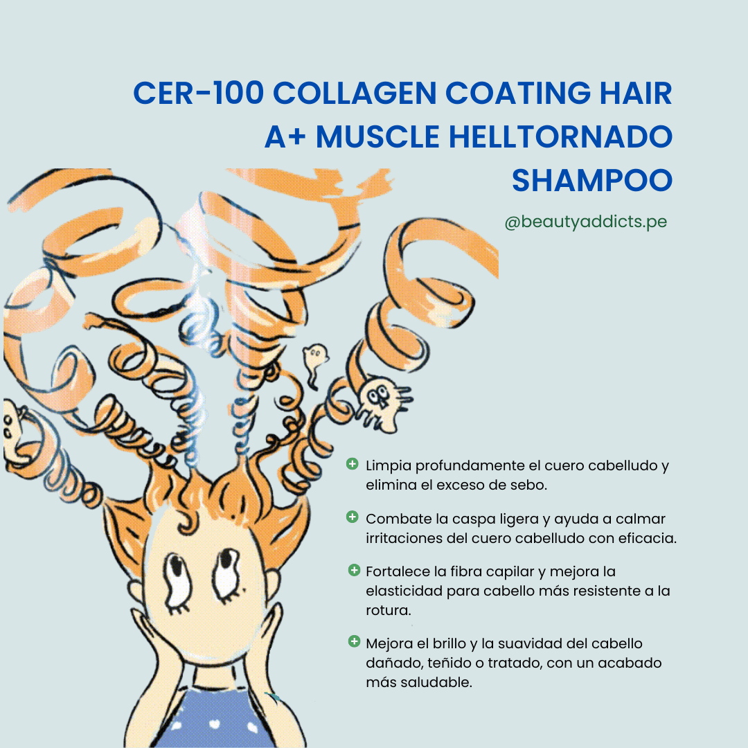CER-100 Collagen Coating Hair A+ Muscle Helltornado Shampoo Elizavecca fortalece y repara el cabello.