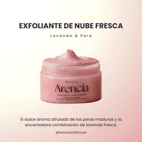 Cloud Scrub con aroma floral de lavanda y pera que renueva y equilibra piel y cuero cabelludo.