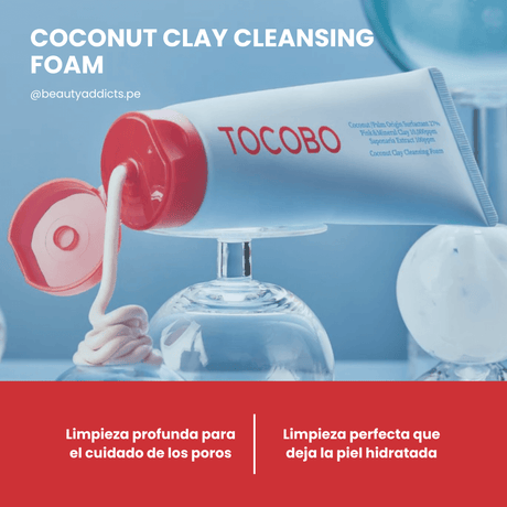 Coconut Clay Cleansing Foam de Tocobo, crea microespuma que elimina células muertas y residuos de poros. 