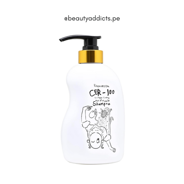 Shampoo Muscle Elizavecca con colágeno hidrolizado para mejorar elasticidad y brillo.