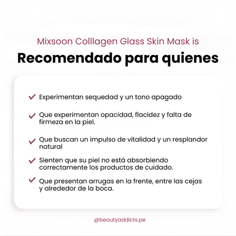 Mixsoon Collagen Glass Skin Mask con efecto alisante y acabado glow.