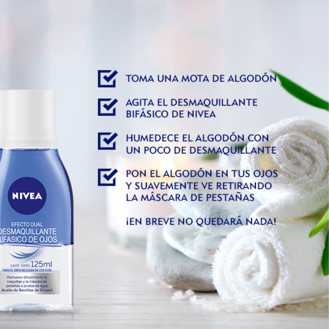 Desmaquillante Bifásico de Ojos Nivea reduce fricción al retirar maquillaje.