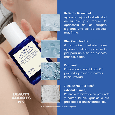 0.1% Gentle Retinol Serum formulado para suavizar la textura de la piel, mejorar la apariencia de los poros y disminuir los signos visibles del envejecimiento.