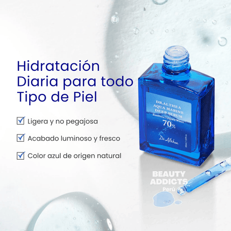 Aqua Marine Deep Serum formulado para aliviar la deshidratación, mejorar la elasticidad y mantener la piel suave, fresca y luminosa durante todo el día.