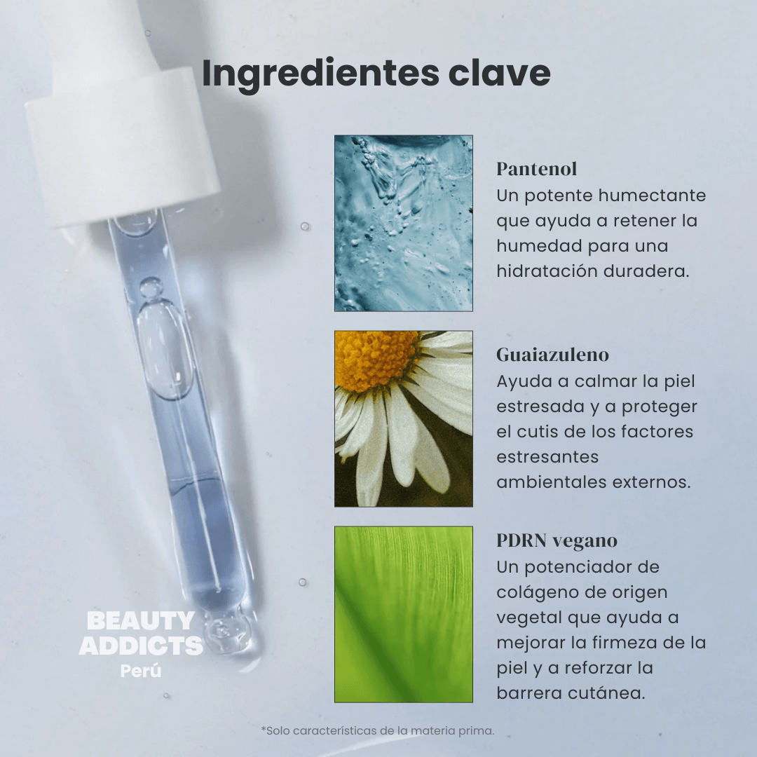 Sérum facial de textura ligera con activos hidratantes que ayuda a retener la humedad y mejorar la apariencia de la piel seca o deshidratada.
