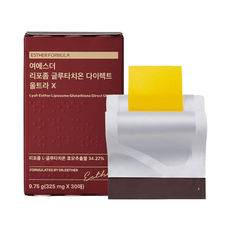 Suplemento Esther Formula Lyuh Esther Liposome Glutathione Direct Ultra X con glutatión liposomal en formato práctico de consumo directo.