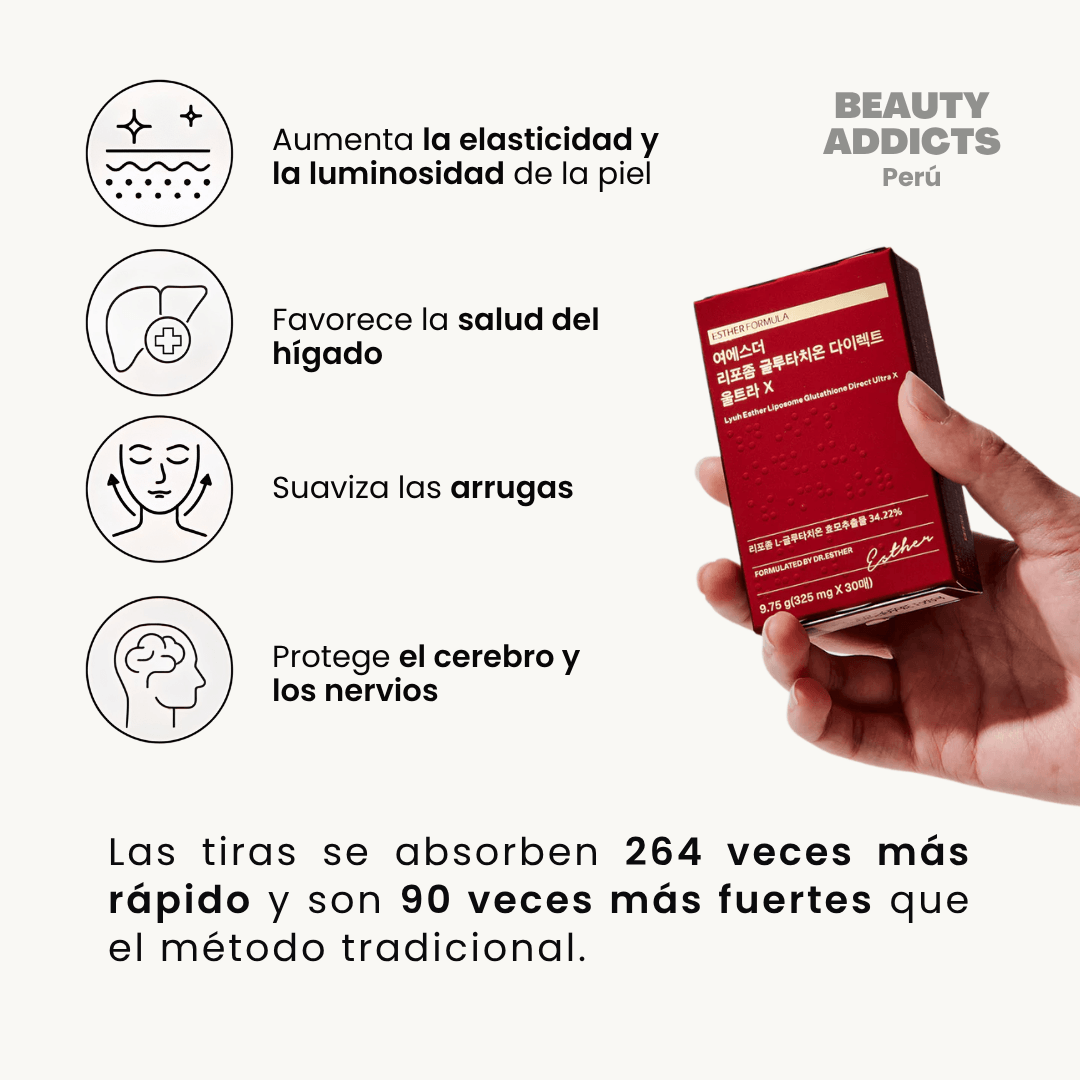 Suplemento coreano de glutatión liposomal Lyuh Esther en formato individual, práctico para transportar y consumir fuera de casa.