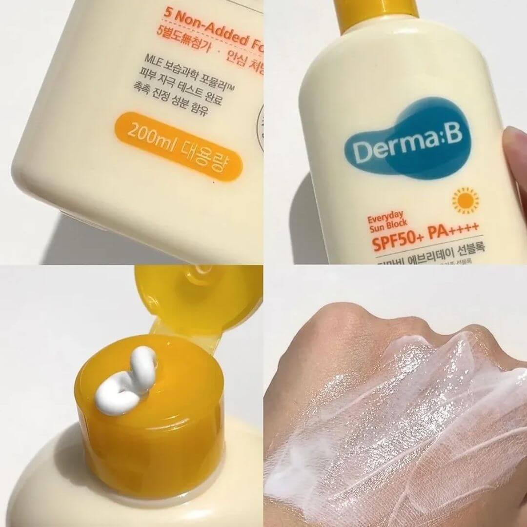 Derma:B Everyday Sun Block SPF50+ PA++++ tiene textura ligera tipo loción sin sensación grasa. 