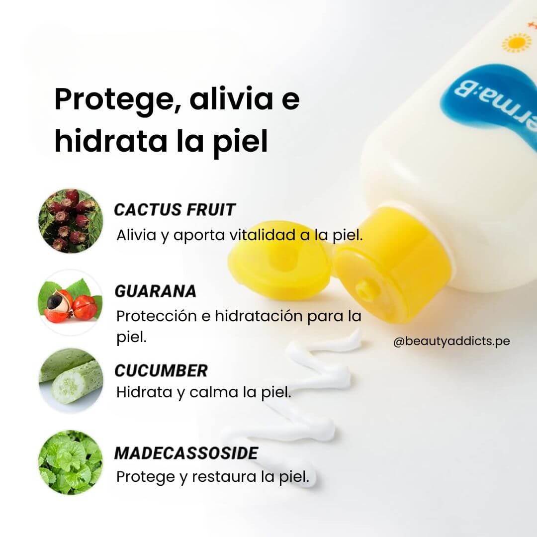 Derma:B Everyday Sun Block SPF50+ PA++++ con Cactus Fruit alivia y aporta vitalidad a la piel.