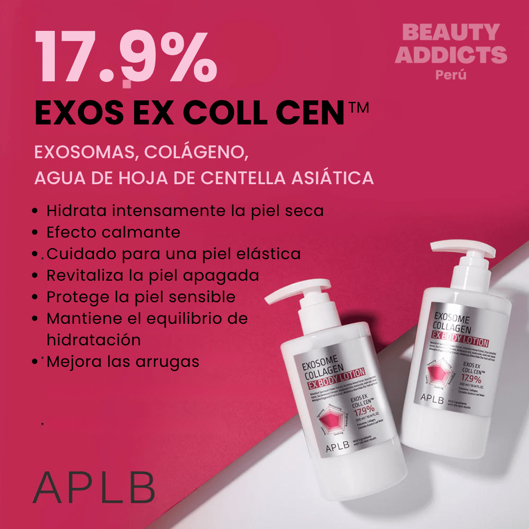 Exosome Collagen Ex Body Lotion diseñada para revitalizar la piel seca y aportar una sensación de confort duradera.
