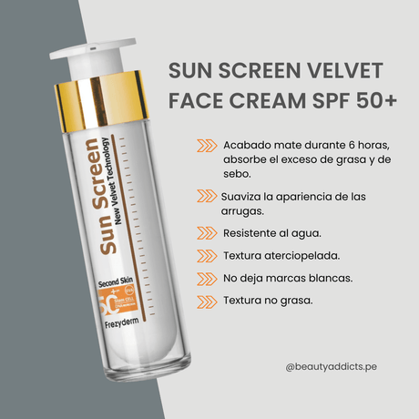 Fotoprotector Sun Screen Velvet Face SPF 50 Frezyderm ofrece alta protección y efecto mate natural.