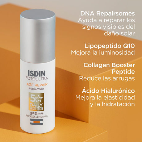 ISDIN FotoUltra Age Repair Fusion Water SPF50 con Collagen Booster Peptide reduce arrugas.