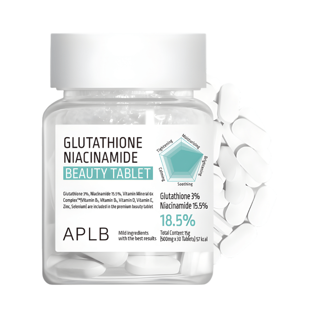 Glutathione Niacinamide Beauty Tablet APLB ilumina la piel con efecto aclarador y uniforme.