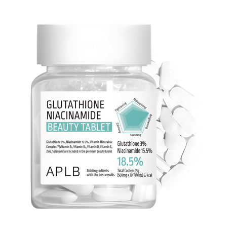 Glutathione Niacinamide Beauty Tablet APLB ilumina la piel con efecto aclarador y uniforme.