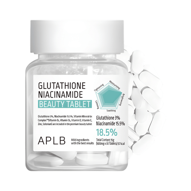 Glutathione Niacinamide Beauty Tablet APLB ilumina la piel con efecto aclarador y uniforme.
