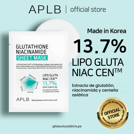 APLB Sheet Mask para reducir manchas y mejorar luminosidad con glutatión y niacinamida.