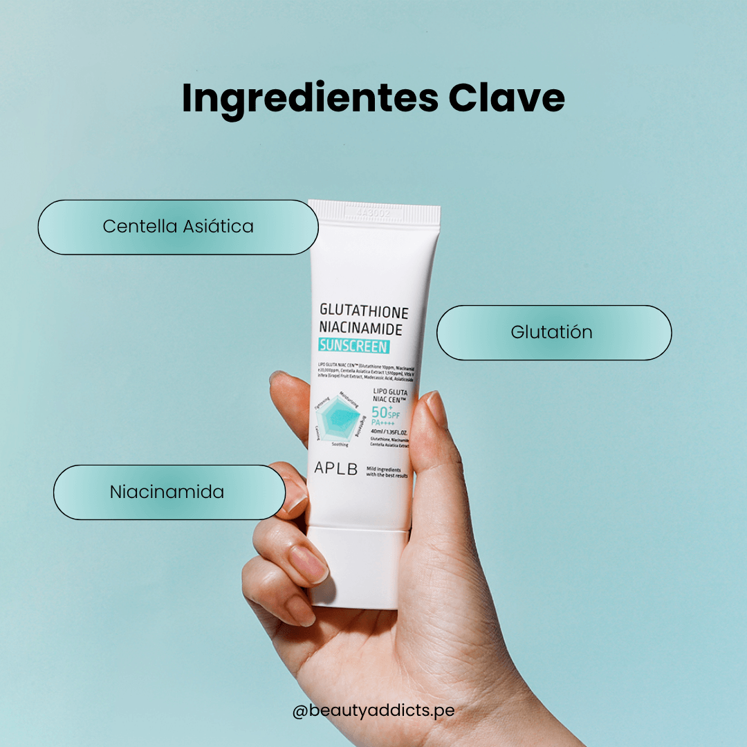 Glutathione Niacinamide Sunscreen de APLB con antioxidantes que previenen signos de envejecimiento.