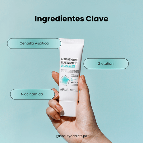 Glutathione Niacinamide Sunscreen de APLB con antioxidantes que previenen signos de envejecimiento.