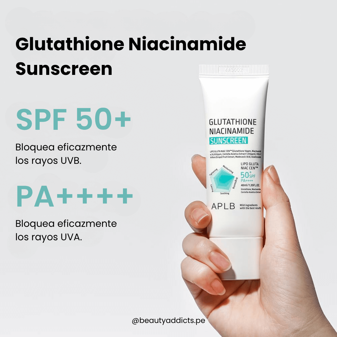 Glutathione Niacinamide Sunscreen de APLB multifunción que cuida, unifica y protege el rostro a diario.