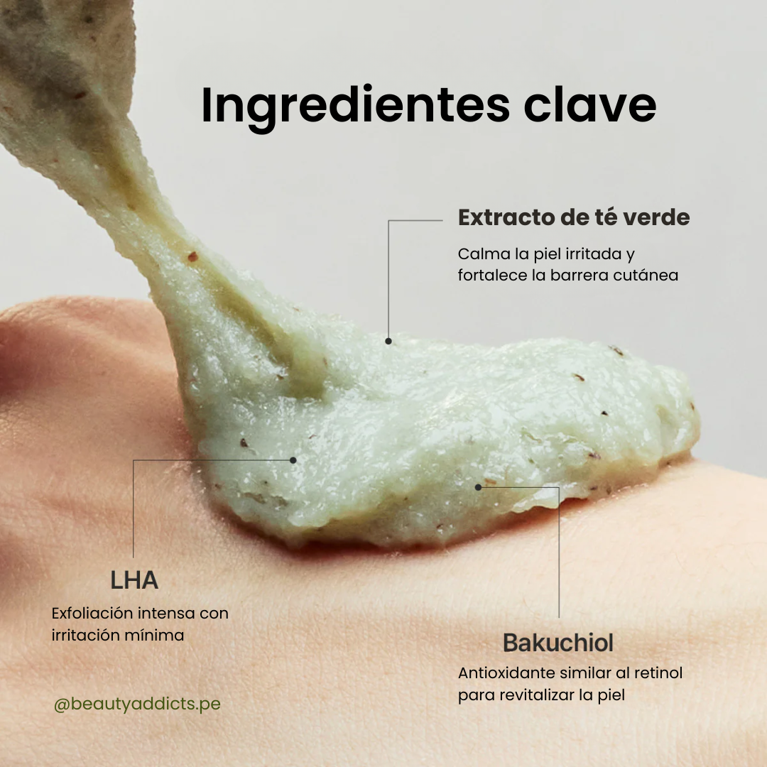 Green Tea + LHA Deep Pore Rice Cake Cleanser con Bakuchiol que ayuda a mejorar la elasticidad de la piel.