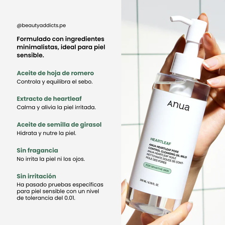 Aceite limpiador con extracto de heartleaf para purificar y calmar la piel.