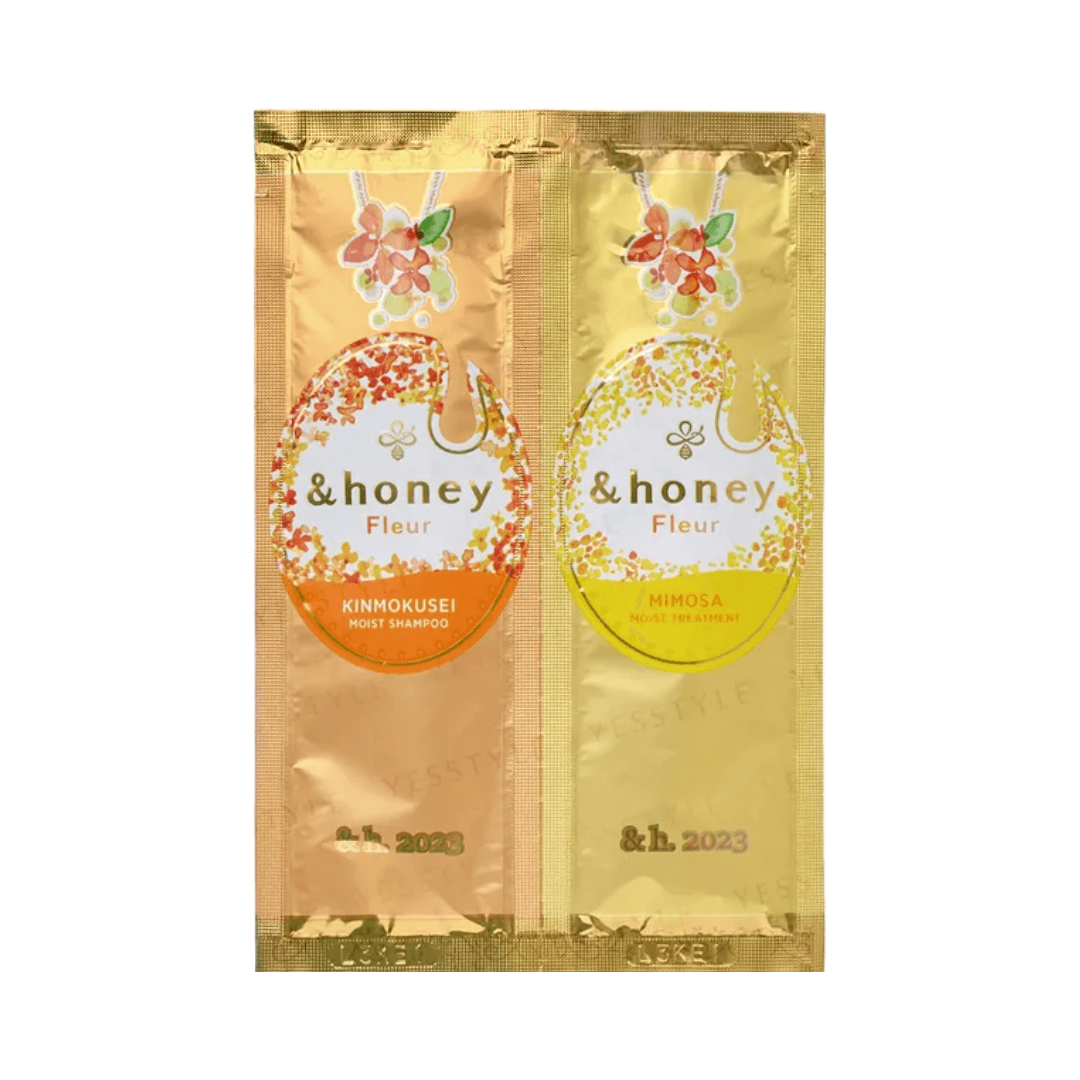 Honey Fleur Kinmokusei & Mimosa Moist Sachet Set Vicrea shampoo y acondicionador japones que hidrata el cabello y perfuma con miel floral.