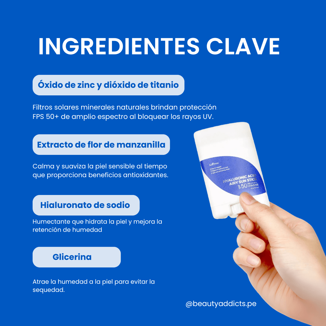 Isntree Hyaluronic Acid Airy Sun Stick con ingredientes que calman la piel mientras las protege.