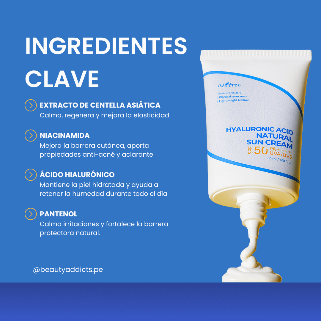Hyaluronic Acid Natural Sun Cream de Isntree calma e hidrata con ácido hialurónico.