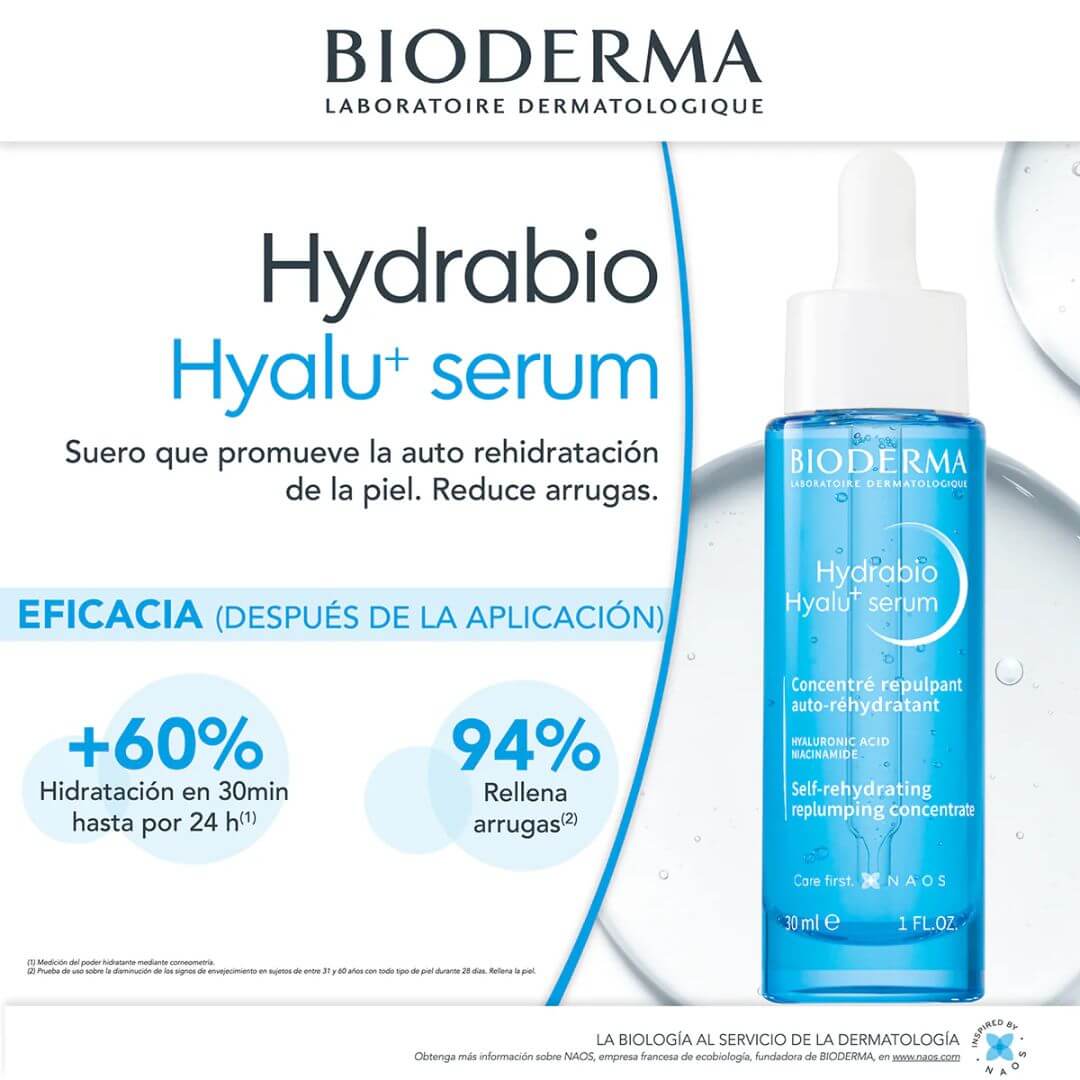 Sérum facial Hydrabio Hyalu+ de Bioderma, hidratación duradera sin dejar sensación pegajosa.