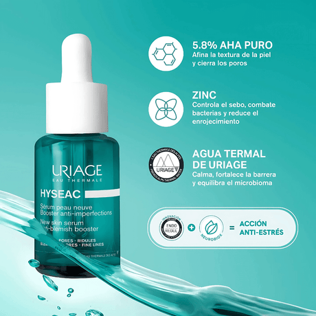 Uriage Hyseac Serum Booster con acción exfoliante suave que afina los poros y mejora la luminosidad del rostro.