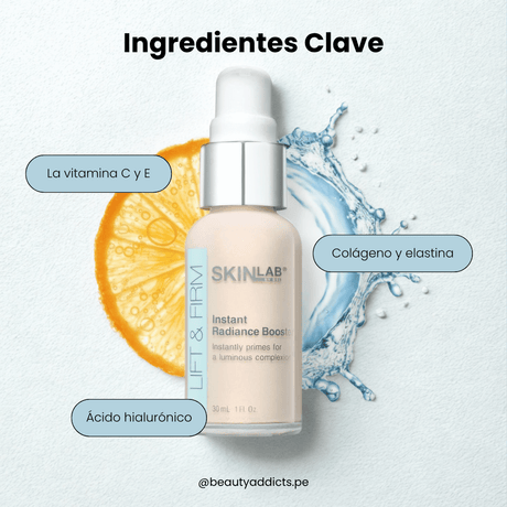 El Lift & Firm Instant Radiance Booster contiene vitamina C y E para proteger del envejecimiento ambiental.